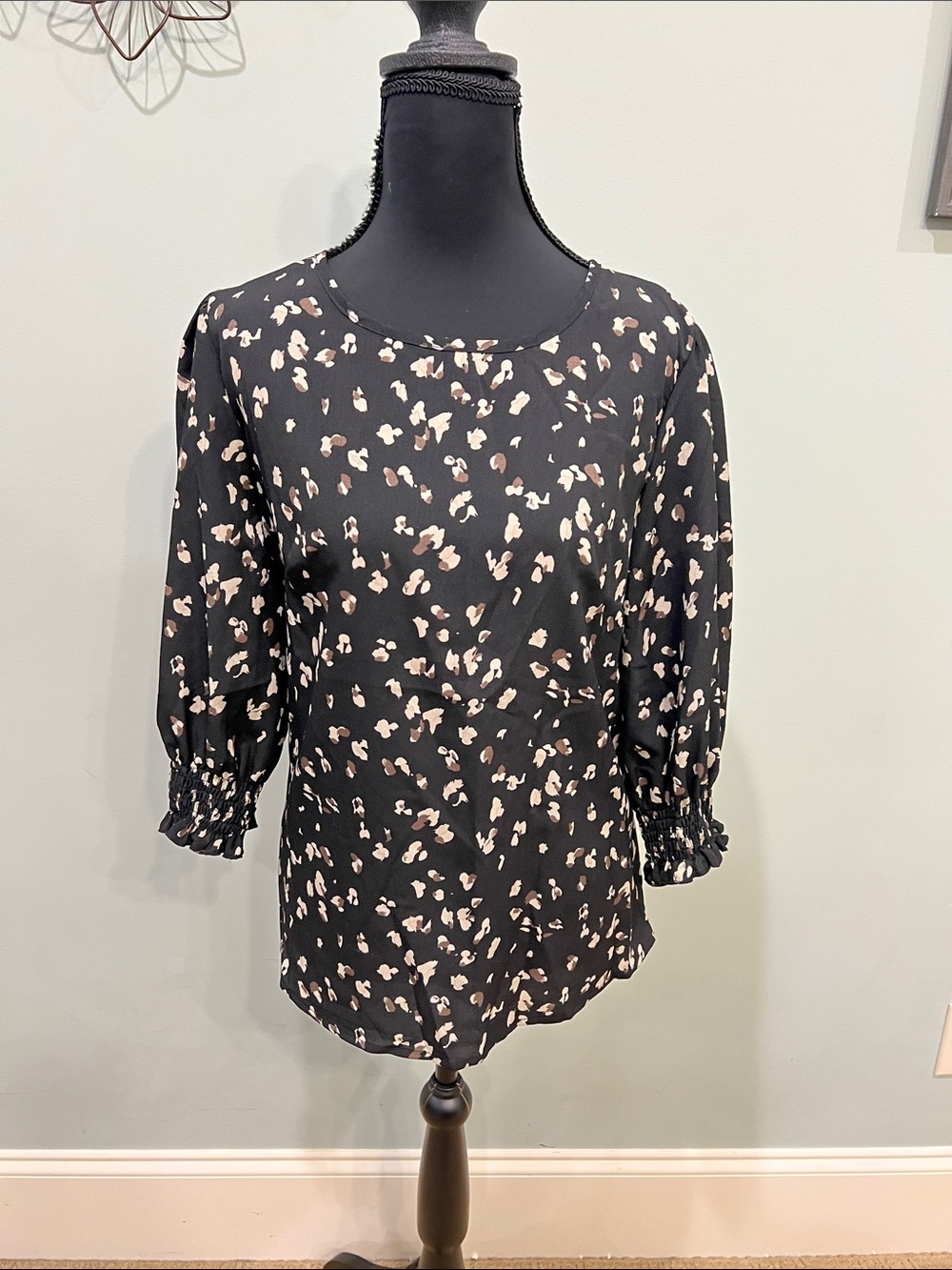 SHEIN Black Blouse with Light Pink Floral Print and Puff Sleeves